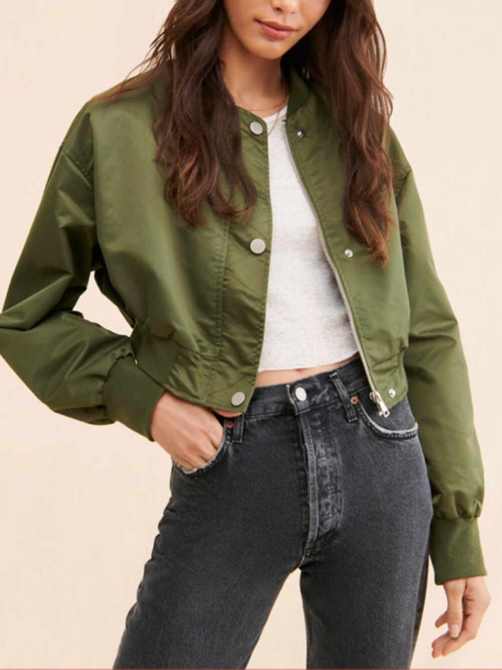 Pilcro Anthropologie Olive Green Satin Cropped Bomber Jacket XL Moss Flight Chic